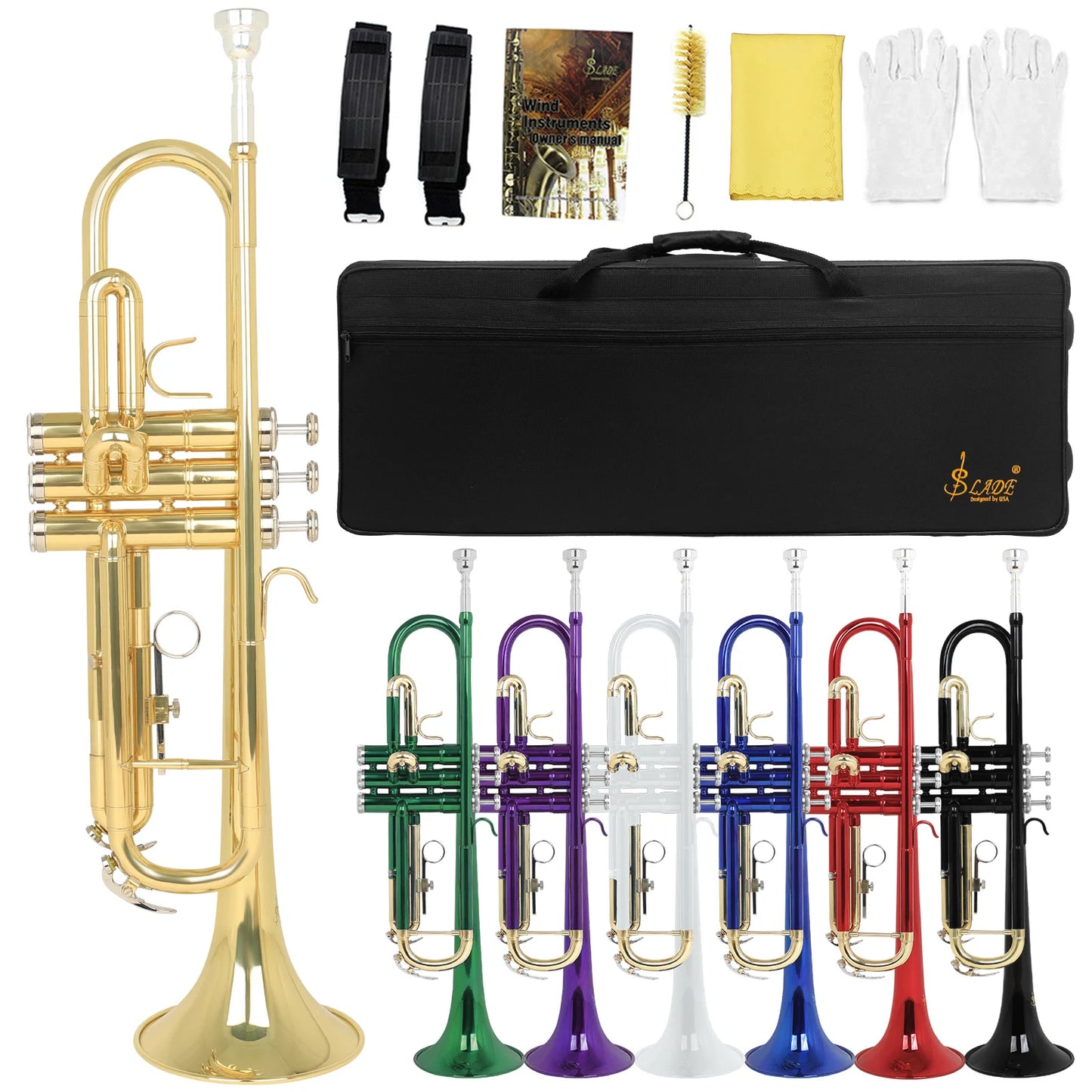 SLADE Bb Trumpet Brass body Gold-Plated B Flat Trumpet Professional Performance Brass Musical Instrument with Case Mouthpiece